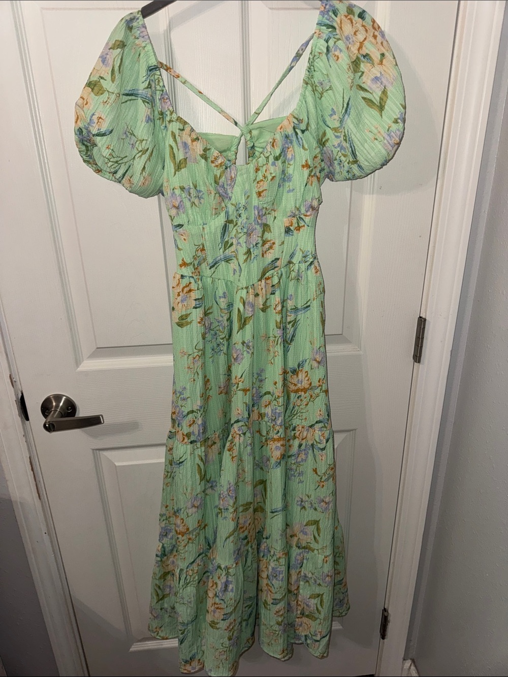 American Eagle Outfitters Mint Green Floral Puff-Sleeve Maxi Dress with Back Tie